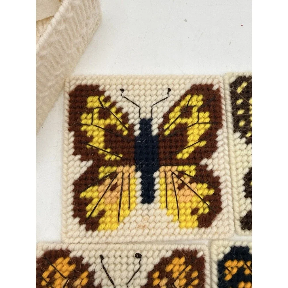 VTG 5 Butterfly Monarch + Handmade Plastic Canvas Coaster Sets w/ Basket Holder